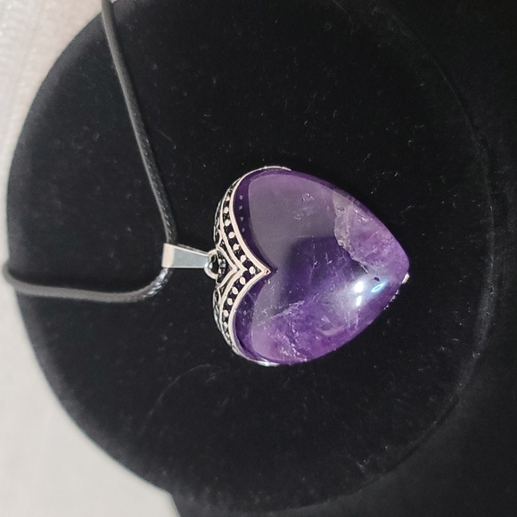 Heart Pendant Necklace w Amethyst Stone, Silver Tone Accents & Black Cord - Picture 2 of 4